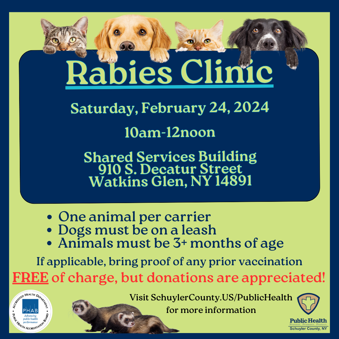 Image with rabies clinic information and cats, dogs, and ferrets